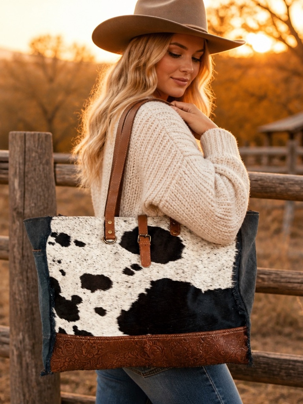 New Myra Western Cowhide Weekender Bag Leather Duffel Travel Carry-On Boho